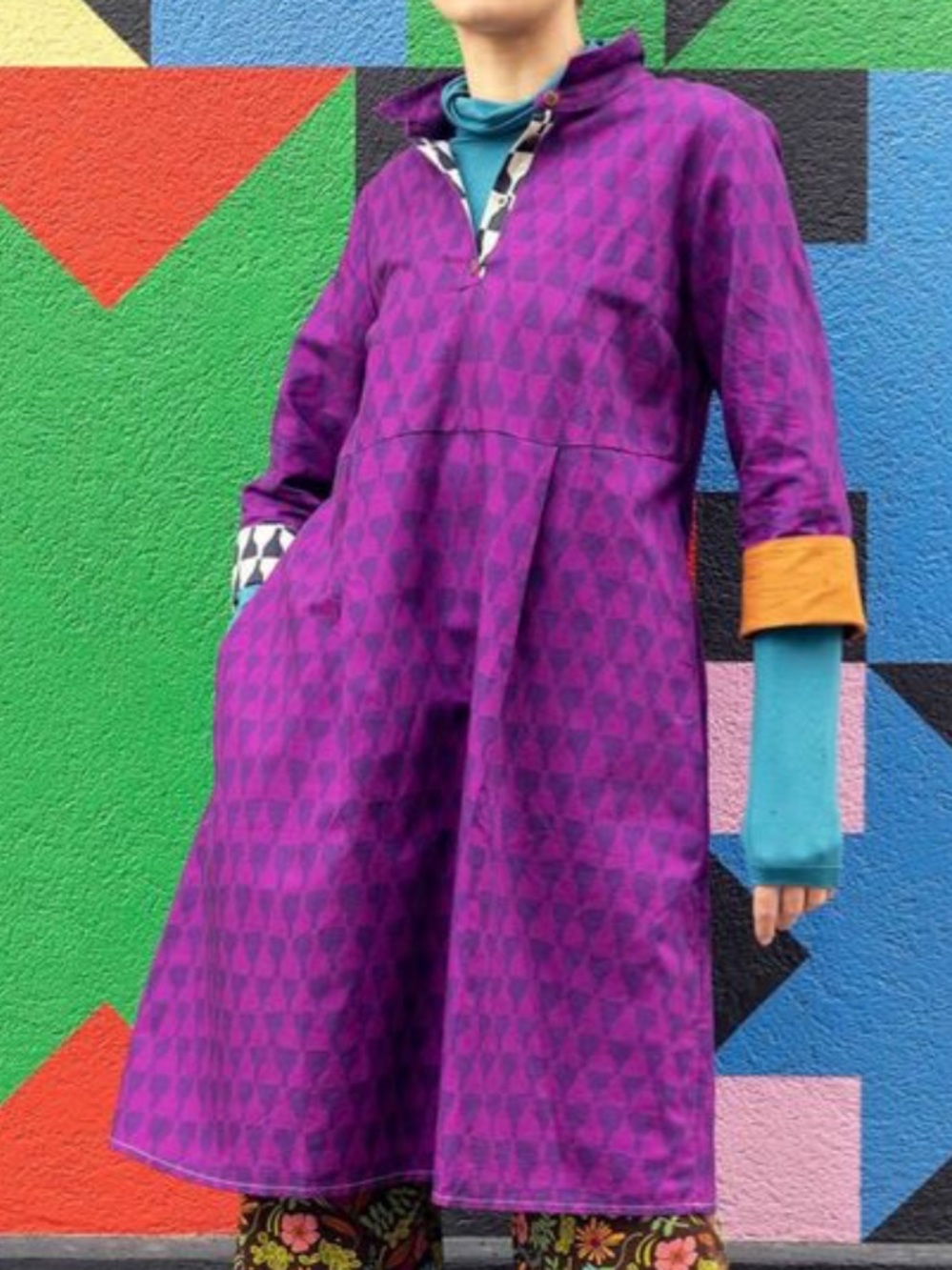 Gudrun Sjoden Patterned Dress Cuffed Pockets Organic Cotton / Linen